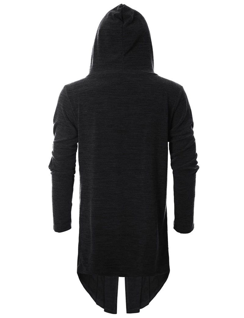 GIVON Mens Hooded Cardigan Ruffle Shawl Collar Drape Cape Overcoat with Pockets & Oversized Hood / DCC145-BLACK-S - Image 3